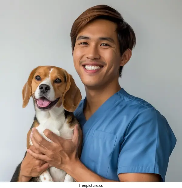 Portrait of a happy Asian veterinarian with a beagle