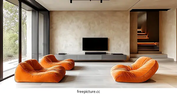 Modern Living Room with Orange Velvet Furniture