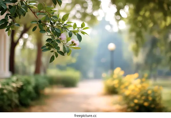 Blurred Park Path with Flowers and Trees