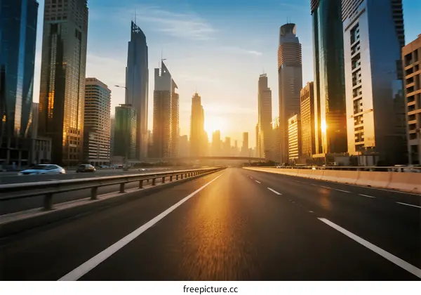 Sunset over modern city with wide highway and tall skyscrapers