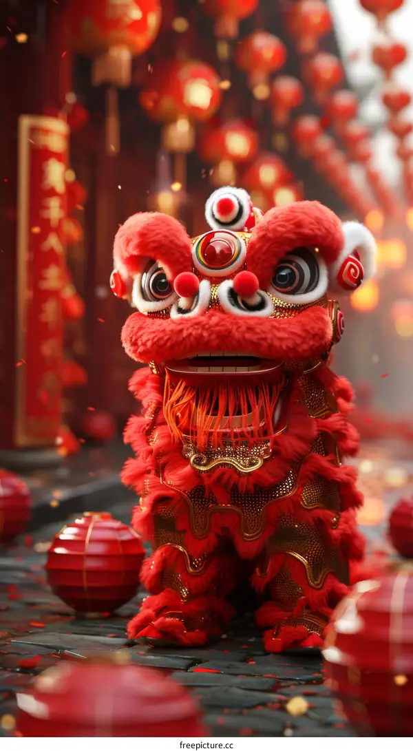 A red and gold lion costume with a smiling face stands in a street with red lanterns hanging above.