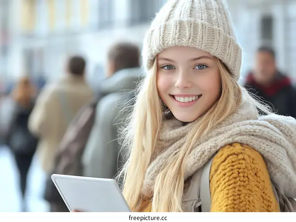 Smiling Teenage Girl with Tablet in City
