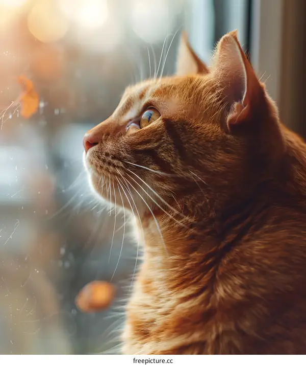 A ginger cat is looking out the window
