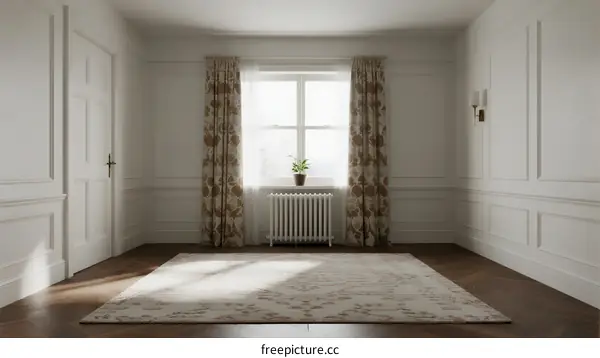 Bright and empty room with white walls and large window