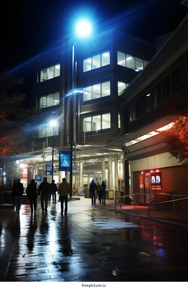 Night view of a city street with people walking in the rain