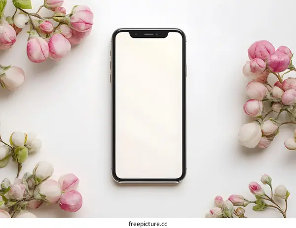 White Background With Flowers and a Smartphone Mockup