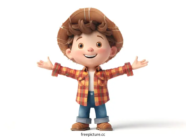 Cheerful little boy wearing a straw hat and casual clothes