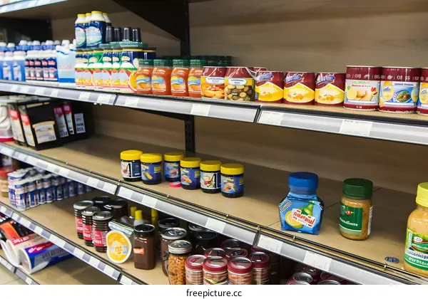 Grocery Store Shelf with Various Food Products