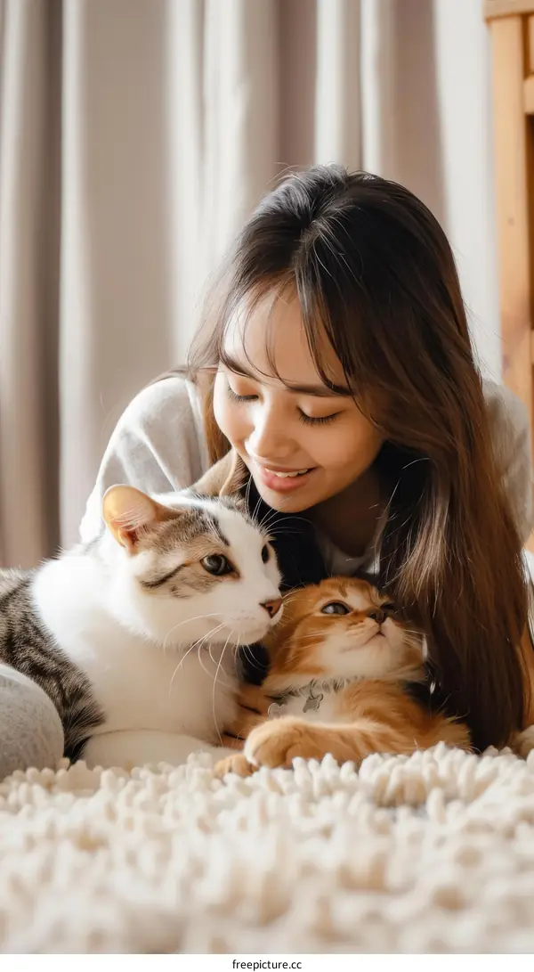 A young woman is lying on the floor with two cats.