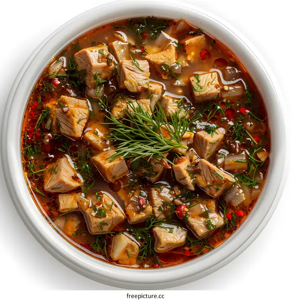 A bowl of beef soup with dill