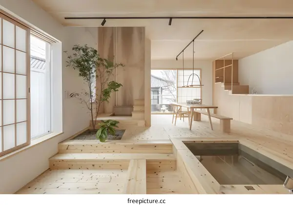 Modern Japanese Home Interior Design with Wooden Floors and a Bath Tub