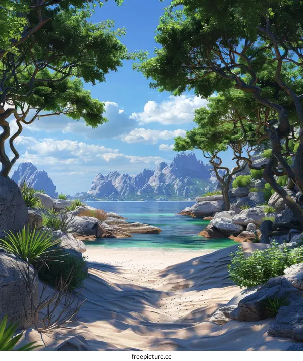 Rocky Beach with Lush Trees and Blue Sea