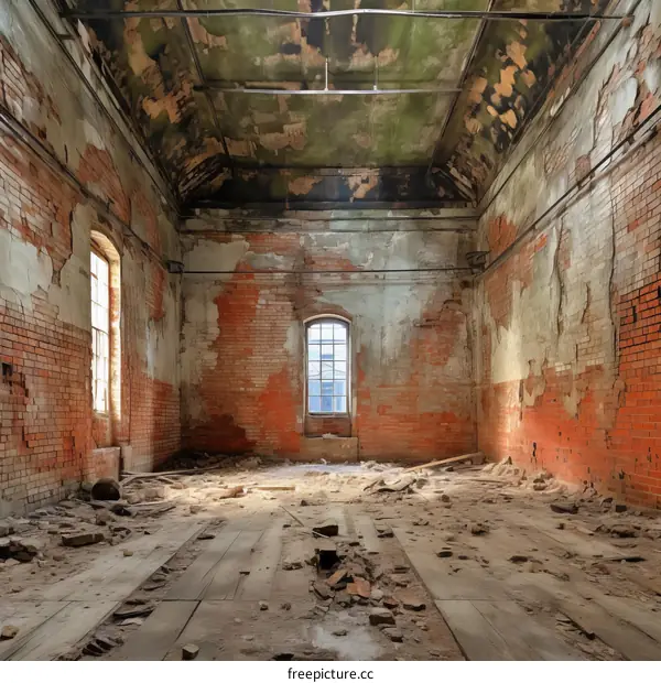 Rundown interior of an abandoned factory building with brick walls and large windows