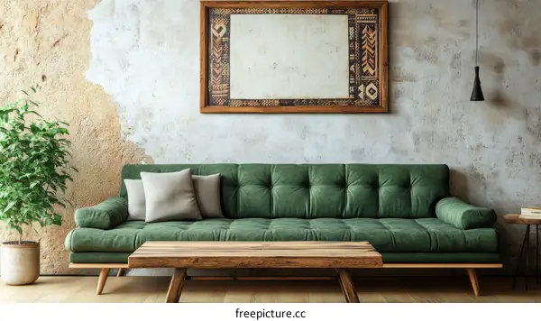 Rustic Living Room Interior with Green Sofa