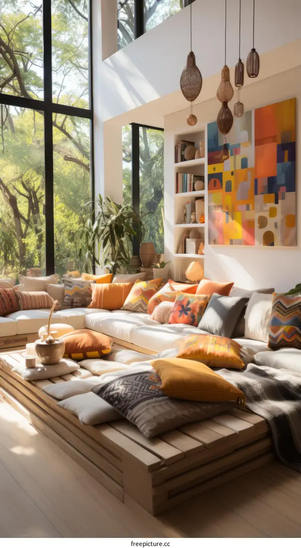 Modern living room interior with large windows, colorful pillows and wooden platform