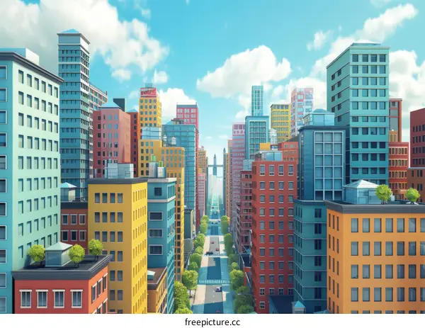 Colorful Buildings In Cartoon City Under Blue Sky