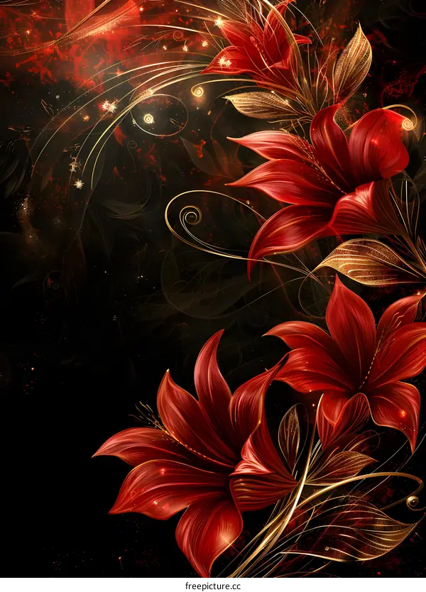 Red lilies bloom in the golden flower vine