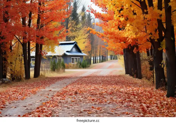 Charming Fall Scenery of Country Road with Colorful Trees and Leaves