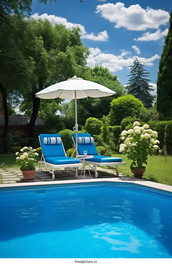 Two chaise lounges sit by a swimming pool on a sunny day