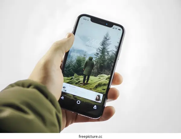 Person Holding Smartphone With Green Landscape Photo