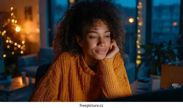 Woman Concentrating on Computer at Night