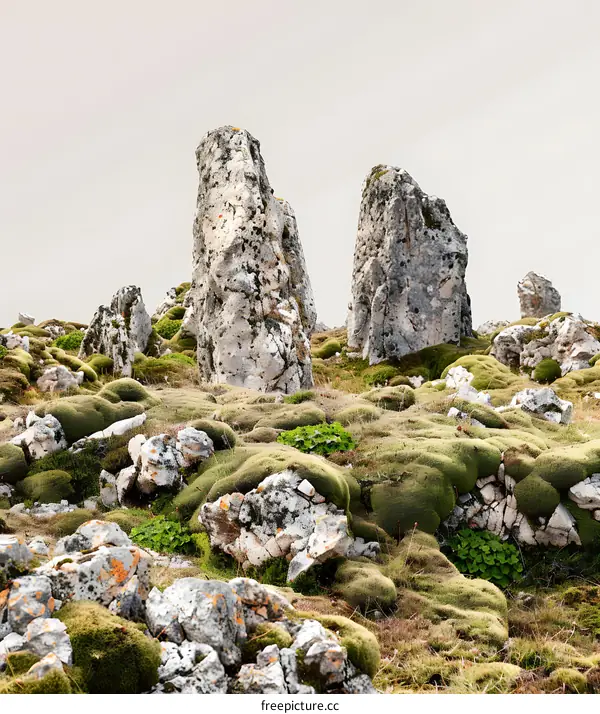 Tall Rock Formations Covered in Moss