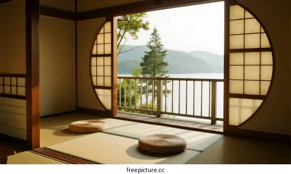 Traditional Japanese Room with Circular Window Overlooking Scenic Lake