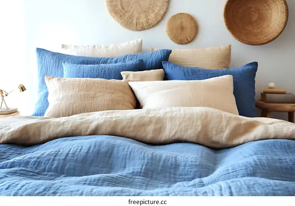 Modern Linen Bedding Set in Blue and Beige