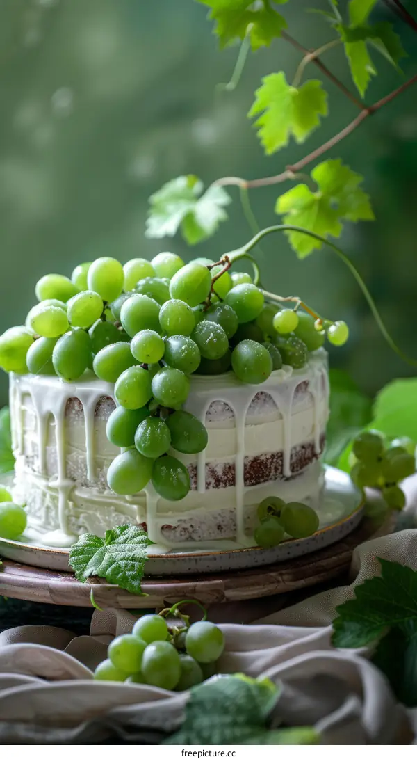 A cake decorated with green grapes.