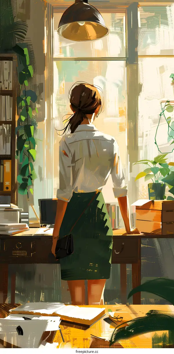 Woman in Office Looking Out Window