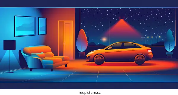 Night Scene With Car Inside Living Room Illustration
