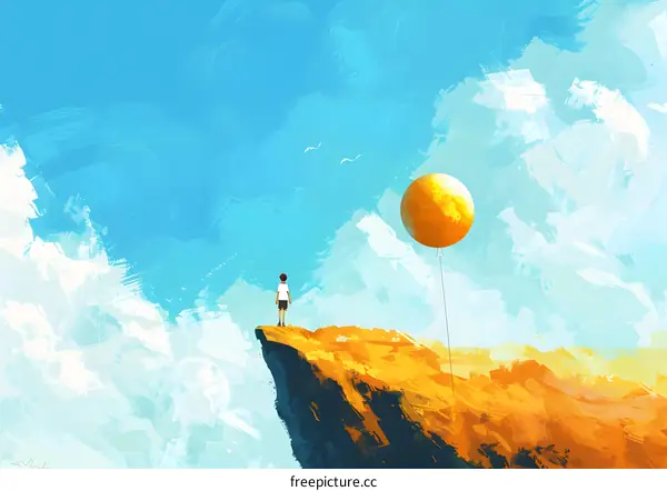 Young Boy Standing on Cliff Looking at Giant Balloon in Sky