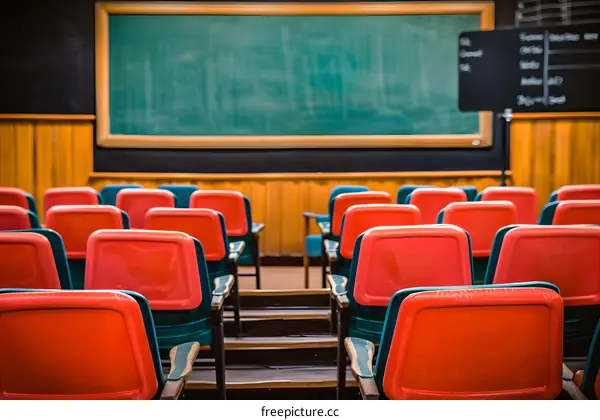 Empty Classroom with Red Seats and Green Chalkboard