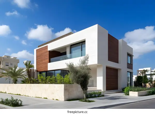 Modern White House with Wooden Accents and a Blue Sky