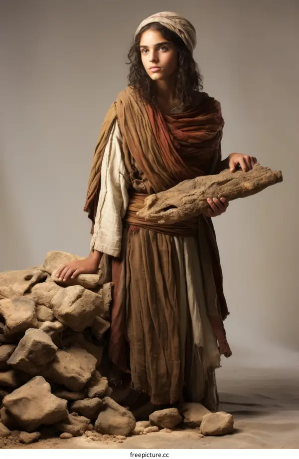 Middle Eastern woman in traditional clothing standing next to a pile of rocks