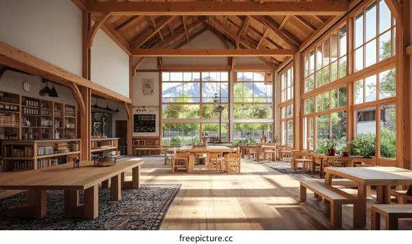 Spacious Wooden Barn-Style Room with Large Windows