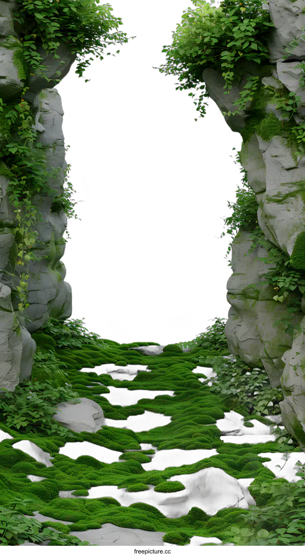 [Transparent Background PNG]Stone Path with Green Moss and Lush Greenery Isolated on White