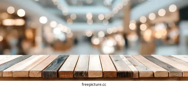 Wooden Table Top with Blurry Shopping Mall Background