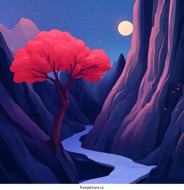 Pink Tree in the Night Mountains