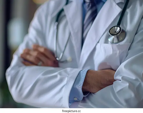 A doctor in a white coat with a stethoscope around his neck