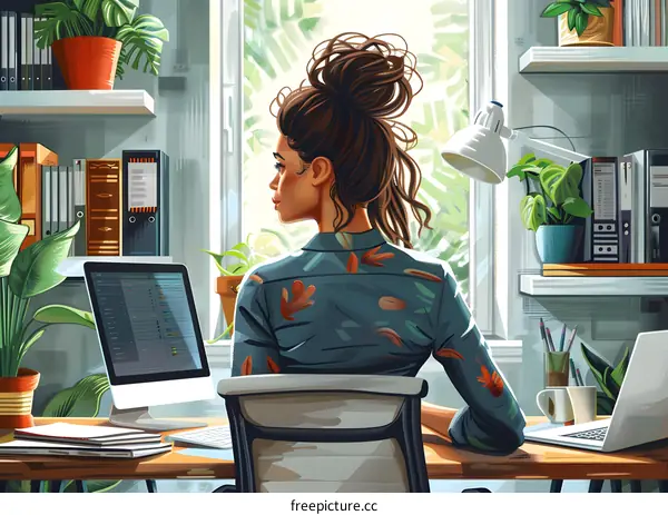 Woman Working at Home Office with a View of Nature