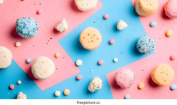 Colorful Sprinkles and Round Cake Decorations on Blue and Pink Background