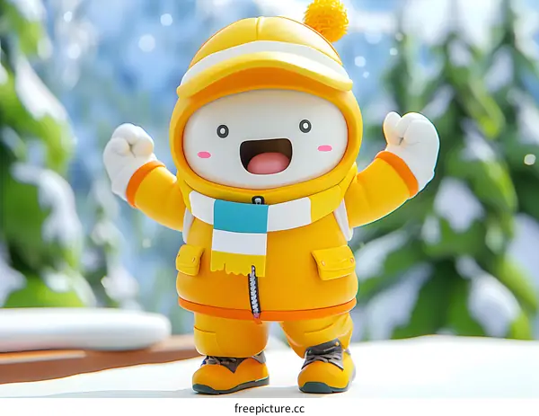 A cute cartoon character wearing a yellow winter coat and hat is cheering with its arms in the air