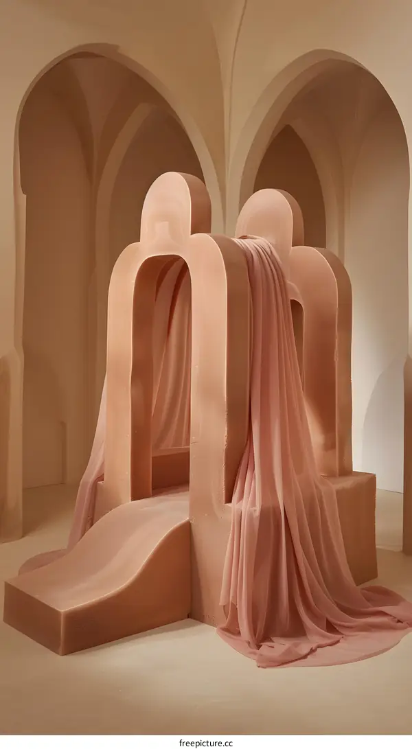 Abstract Sculpture with Draped Fabric in Beige and Pink