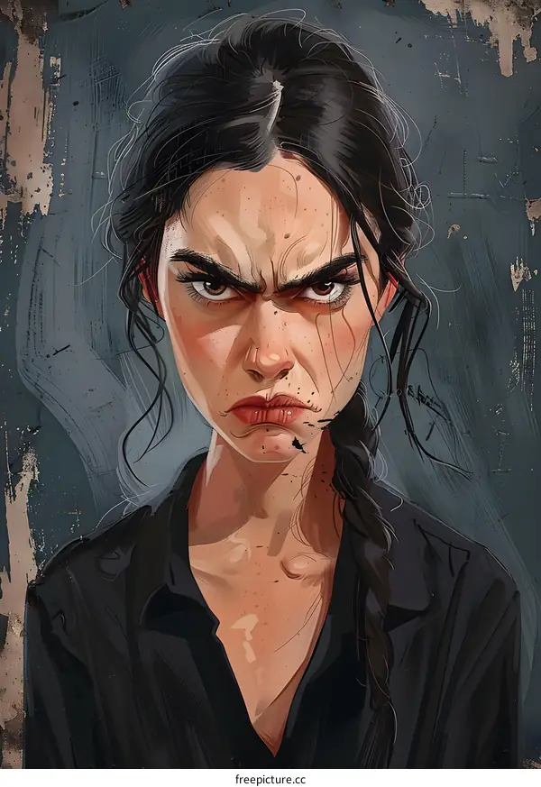 Portrait of a young woman with a stern expression