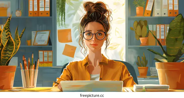 A young woman with glasses is working in her office