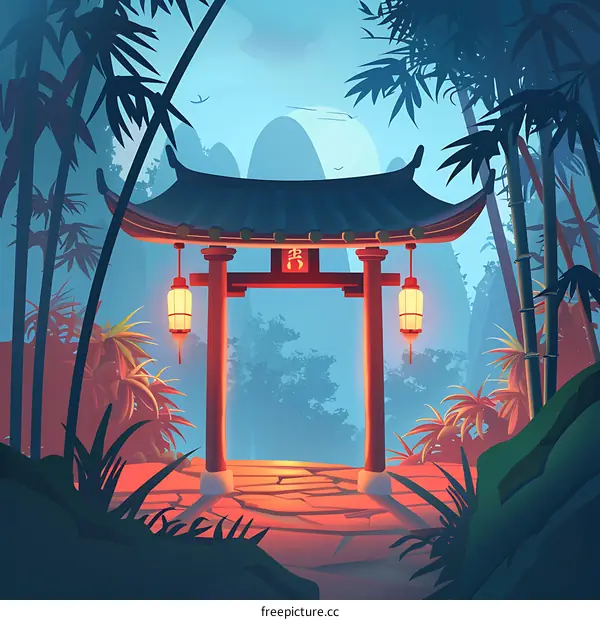 Traditional Chinese Gate with Lanterns in Bamboo Forest