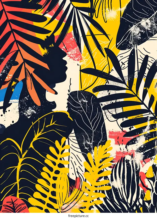 Abstract Tropical Leaves Silhouette with Yellow and Red Colors
