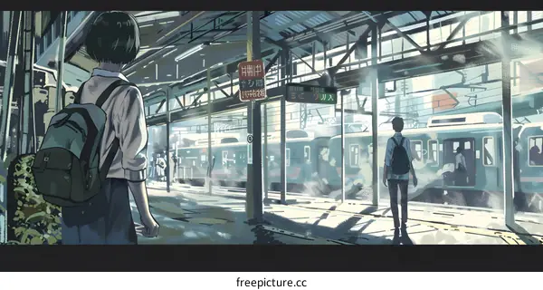 Train Station Illustration with People Waiting for the Train