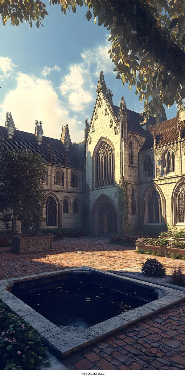 Medieval Architecture Courtyard With Stone Fountain